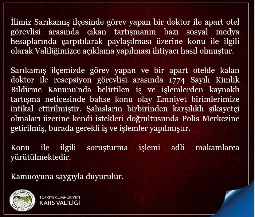 Kars Valiliğinden Sarıkamış’taki apartta yaşanan "kimlik göstermeme" olayına ilişkin açıklama