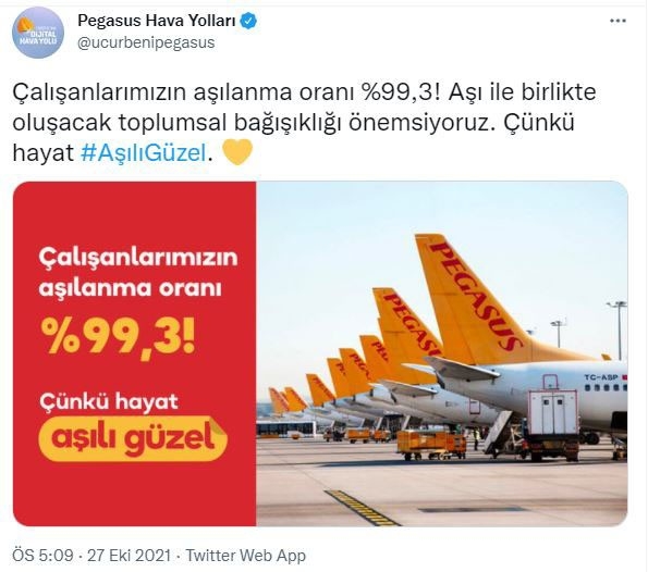 Pegasus Çalışanlarının Yüzde 99,3’ü Aşılandı