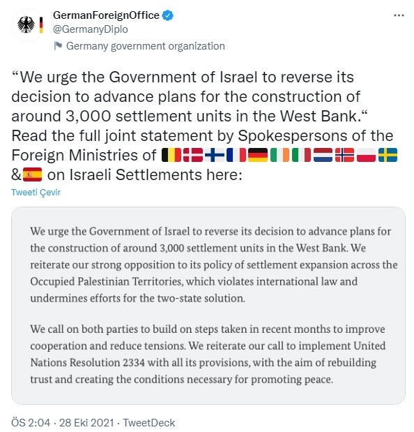 Avrupa ülkelerinden İsrail’e "Batı Şeria’da 3 bin yeni ev planını durdur" çağrısı