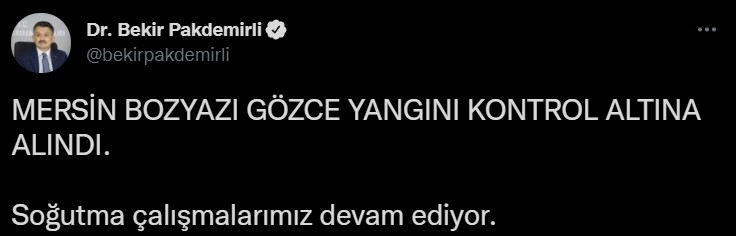 Bakan Pakdemirli, Mersin Bozyazı’daki yangının kontrol altına alındığını bildirdi