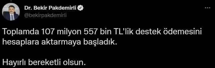 “107 Milyon 557 Bin Liralık Destek Ödemesi Hesaplara Aktarılmaya Başlandı”
