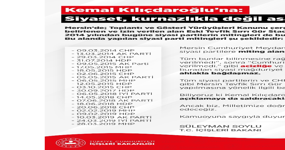 “Mersin Cumhuriyet Meydanı, 2014 yılından bu yana siyasi partilere miting alanı olarak verilmemiştir”