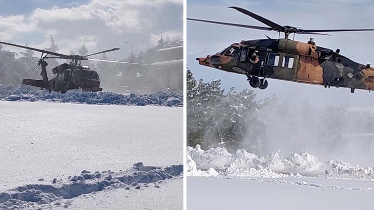 Peş peşe havalanan helikopterler Adana-Gaziantep yolunda mahsur kalan vatandaşlara kumanya ulaştırdı