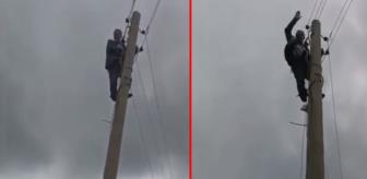 Elektriği kesilen AKP'li muhtar, direğe tırmanarak tepki gösterdi
