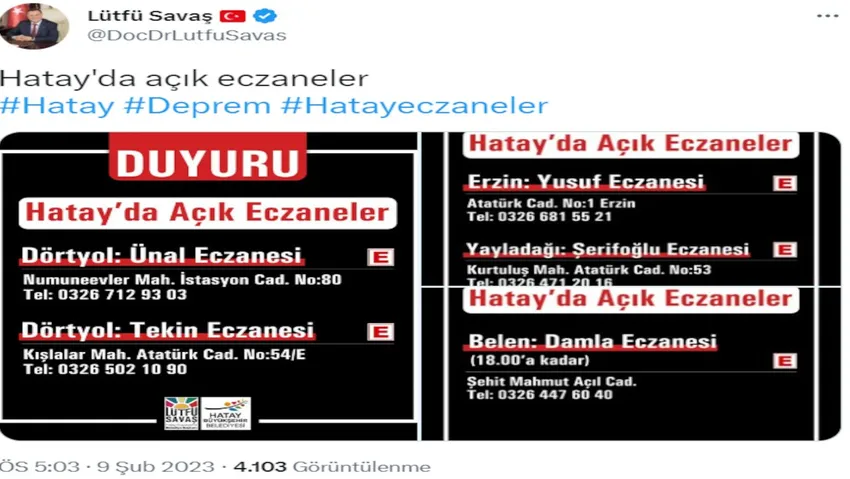 Hatay Belediye Başkanı Lütfü Savaş'tan açık eczane duyurusu