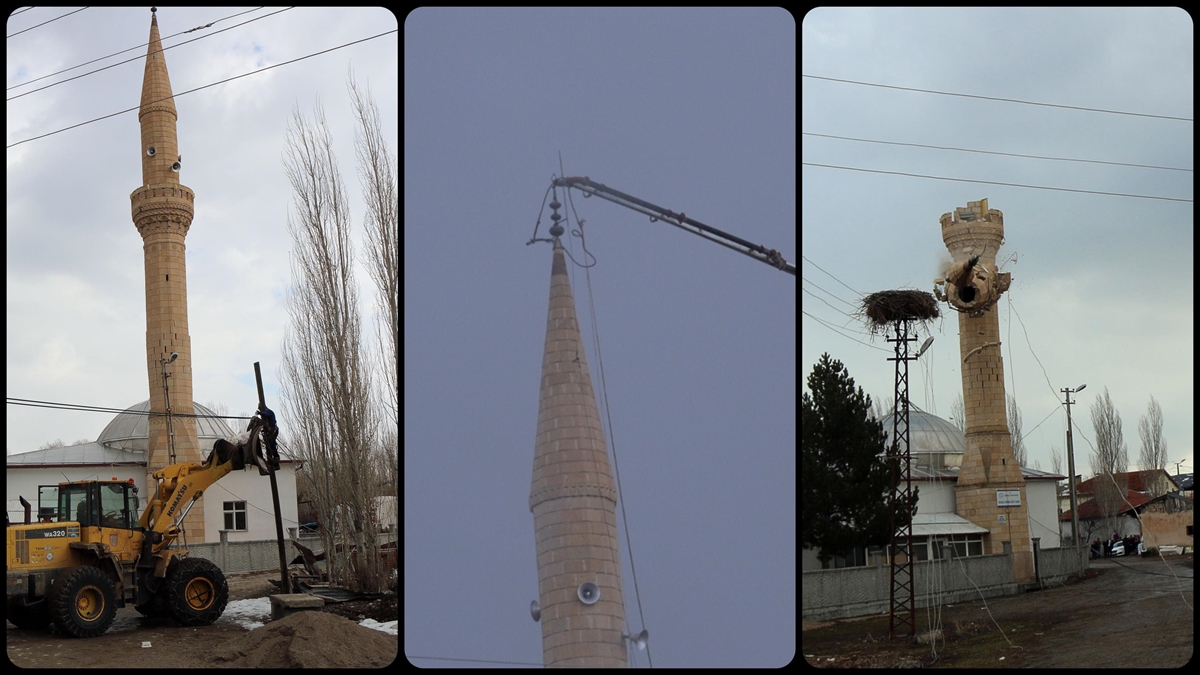 Şarkışla'da Depremde Hasar Gören Minare Kontrollü Yıkıldı