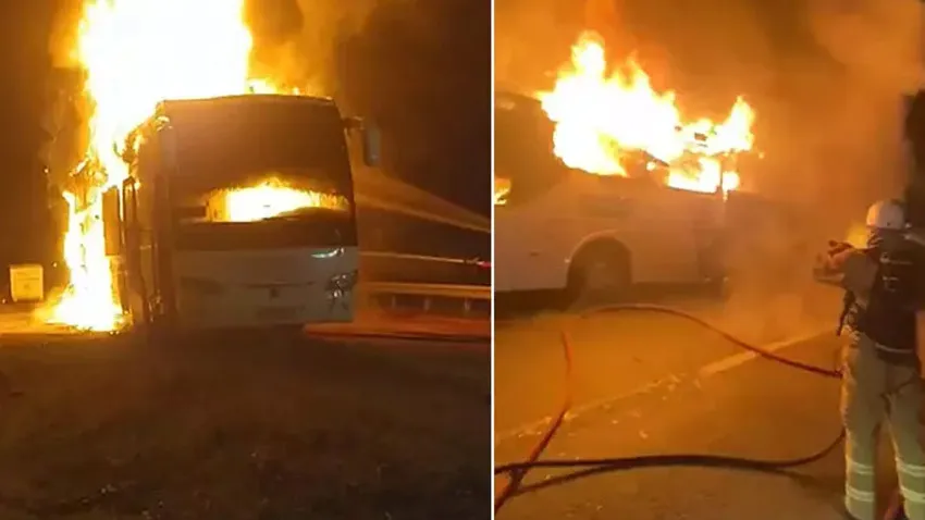 Yolcu otobüsü alev alev yandı!