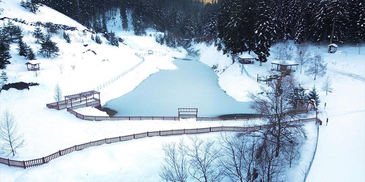 Kastamonu'da Yüzeyi Buz Tutan Gölet ve Orman Dron İle Görüntülendi