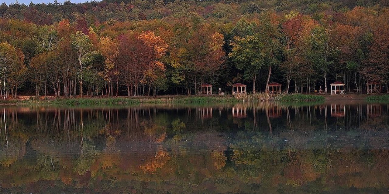Düzce'deki Korugöl Tabiat Parkı Ziyaretçilerini Sonbahar Manzarasıyla Ağırlıyor