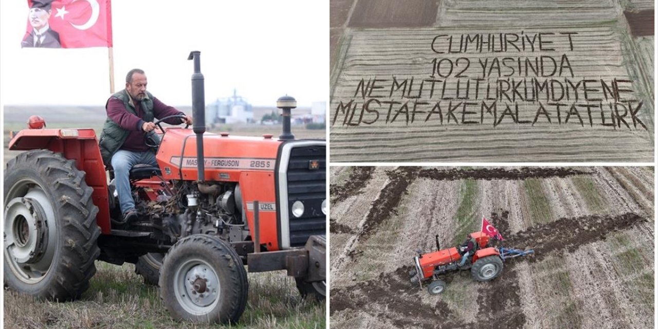 Kırklarelili Çiftçi Tarlasına Pullukla "Cumhuriyet 102 Yaşında" Yazdı