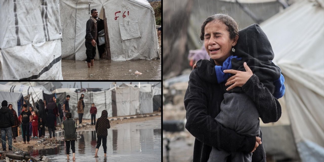 Gazze'de Yoğun Yağış Nedeniyle İsrail Saldırılarında Evleri Yıkılanların Kaldığı Çadırları Su Bastı