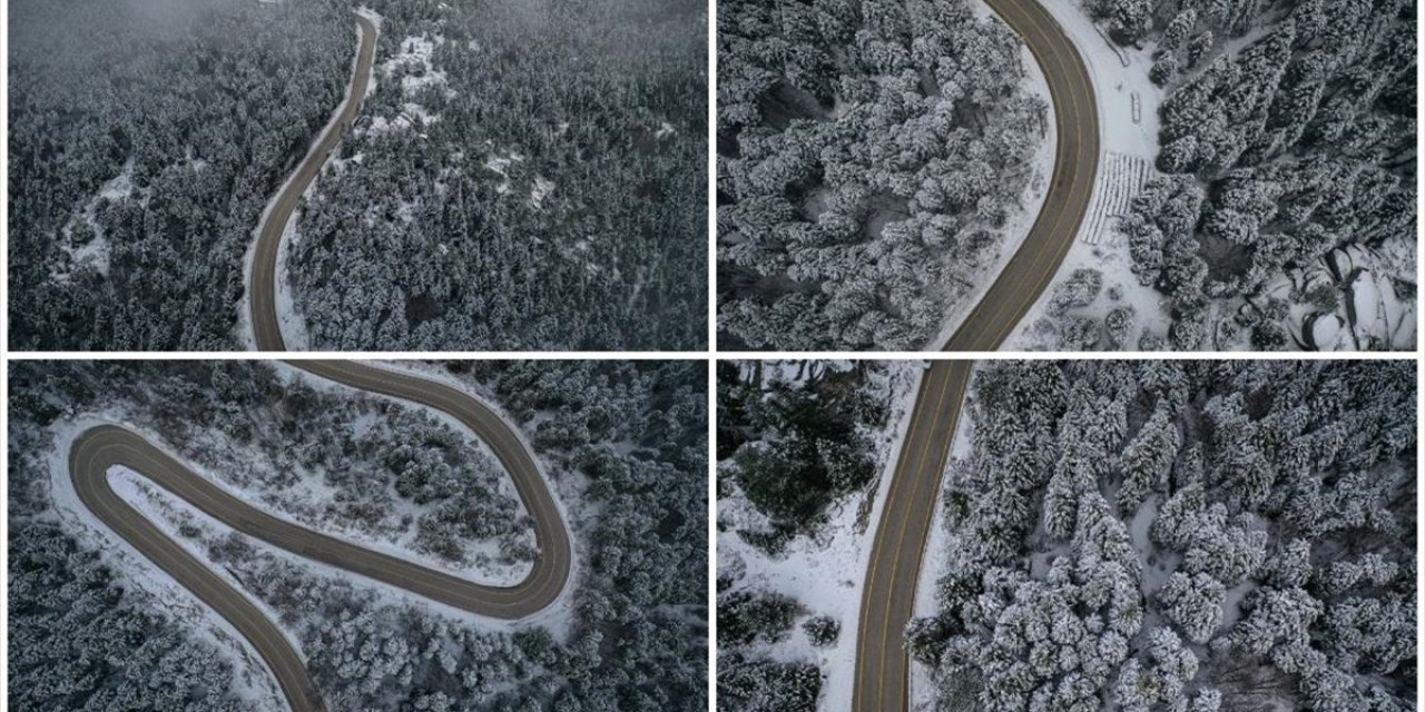 Uludağ'ın Beyaza Bürünen Kıvrımlı Yolları Havadan Görüntülendi