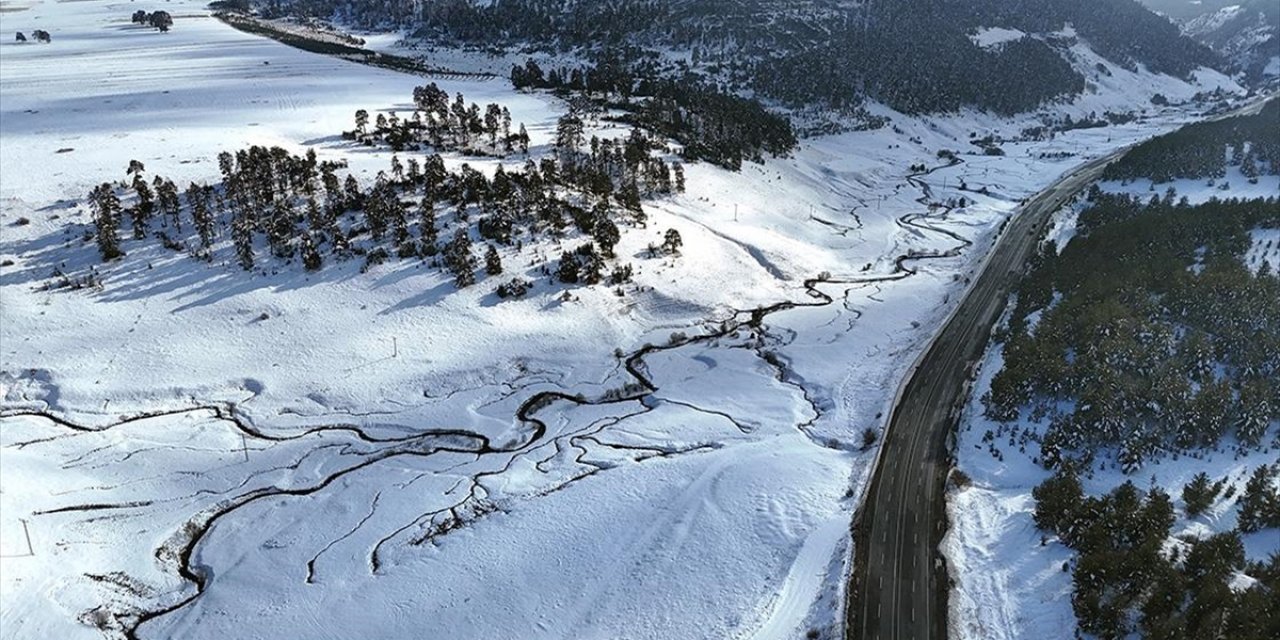 Kars'ta Karla Kaplanan Sarıçam Ormanları Dronla Görüntülendi