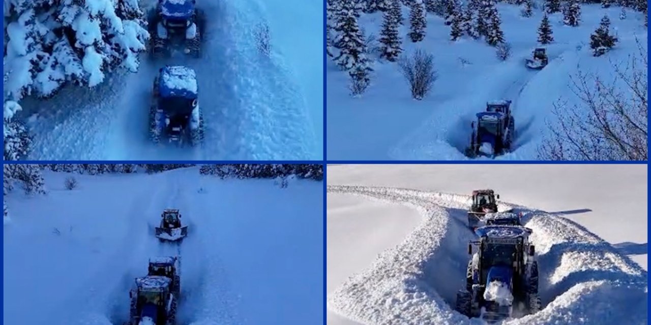 Kastamonu'da Muhtar Köy Yolunu Yaptığı Kar Küreme Aparatıyla Açıyor