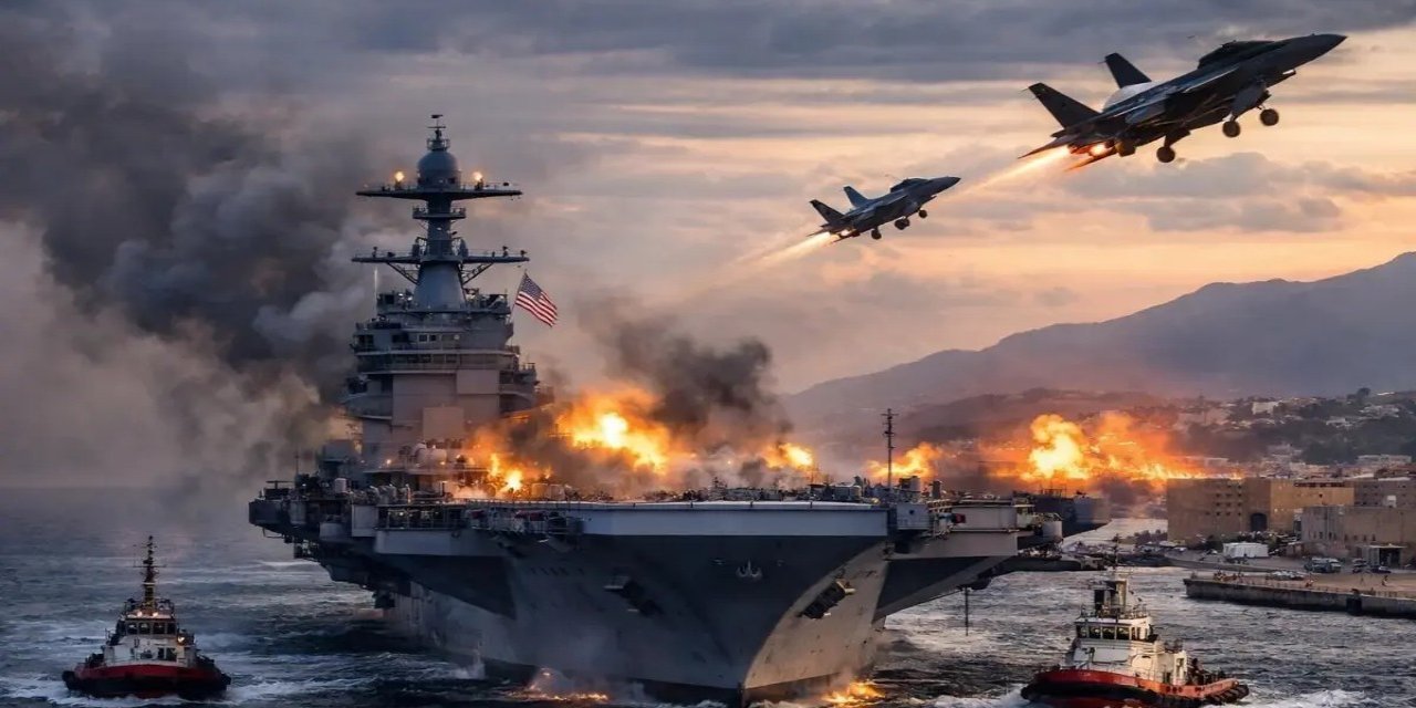 ABD'nin Dev Uçak Gemisi Yangın Sonrası Girit'teki Limana Çekiliyor