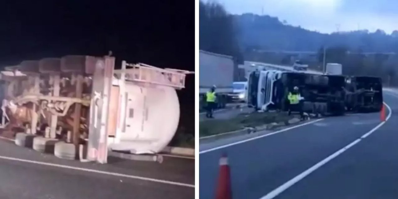 Virajı Alamayan Çimento Tankeri Devrildi! 1 Yaralı