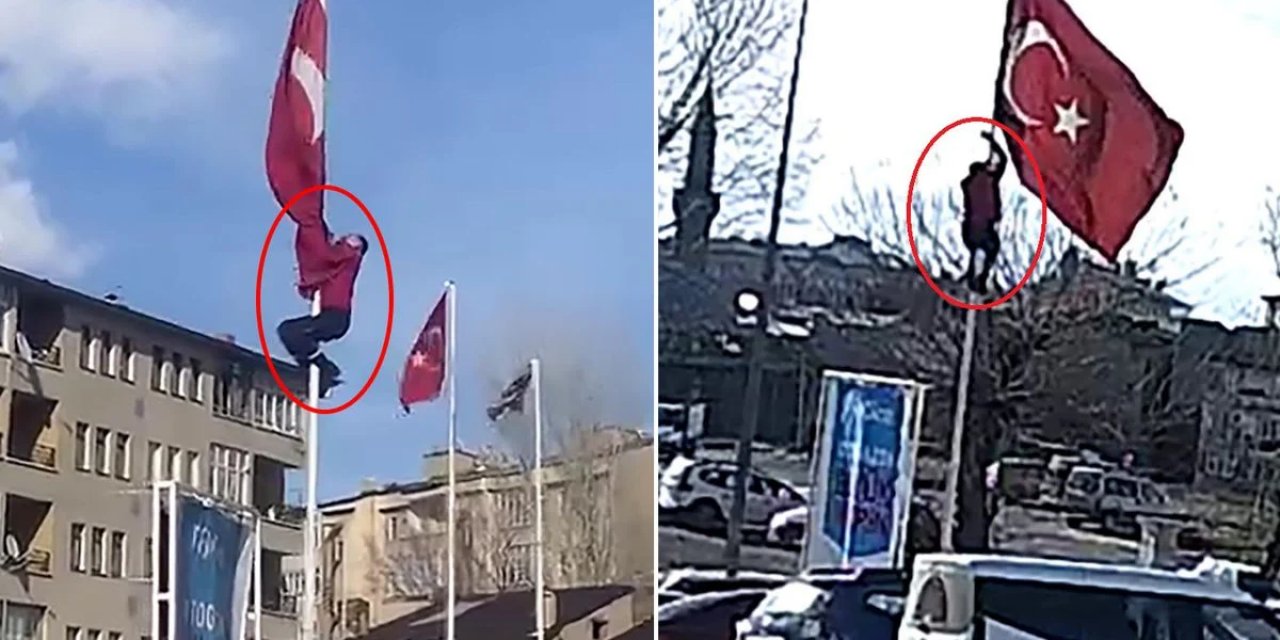 Rüzgarda Dolanan Bayrağı Düzeltmek İçin 15 Metrelik Direğe Tırmandı