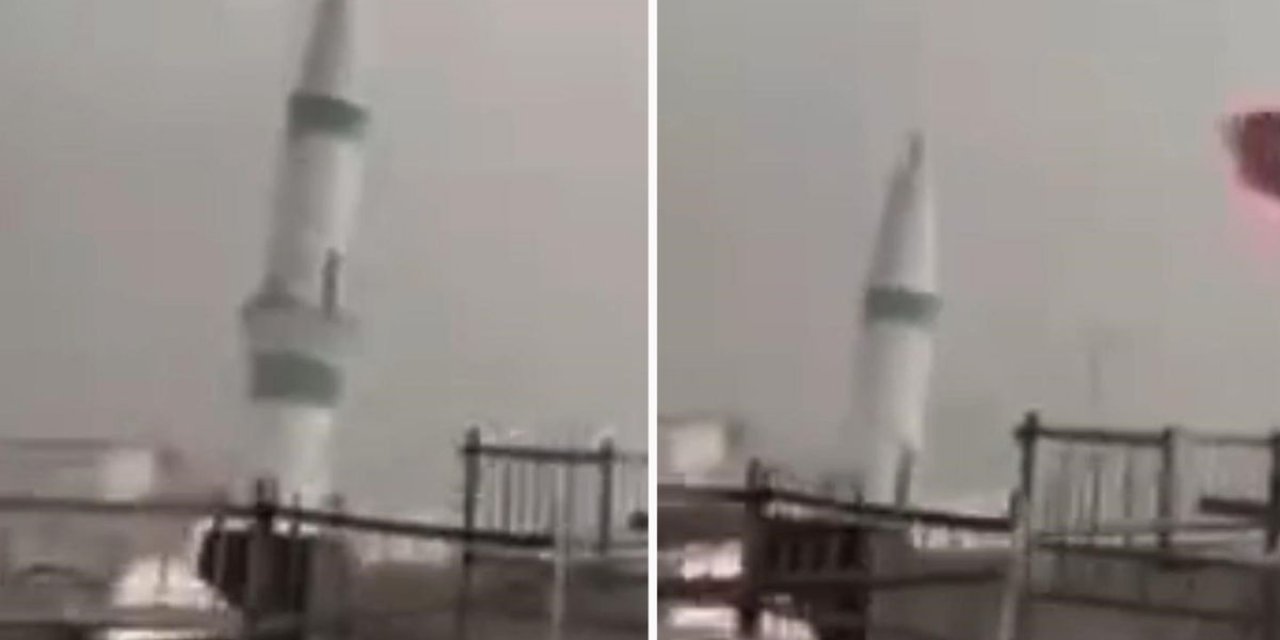 Fırtınada Minarenin Yıkılma Anı Kamerada