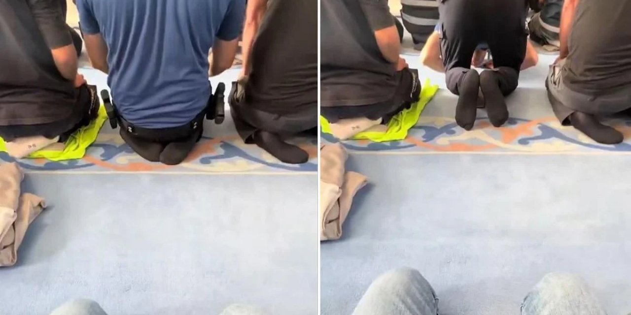 Vatandaş, önünde namaz kılan polisi kayda aldı: Düştüğü not bomba