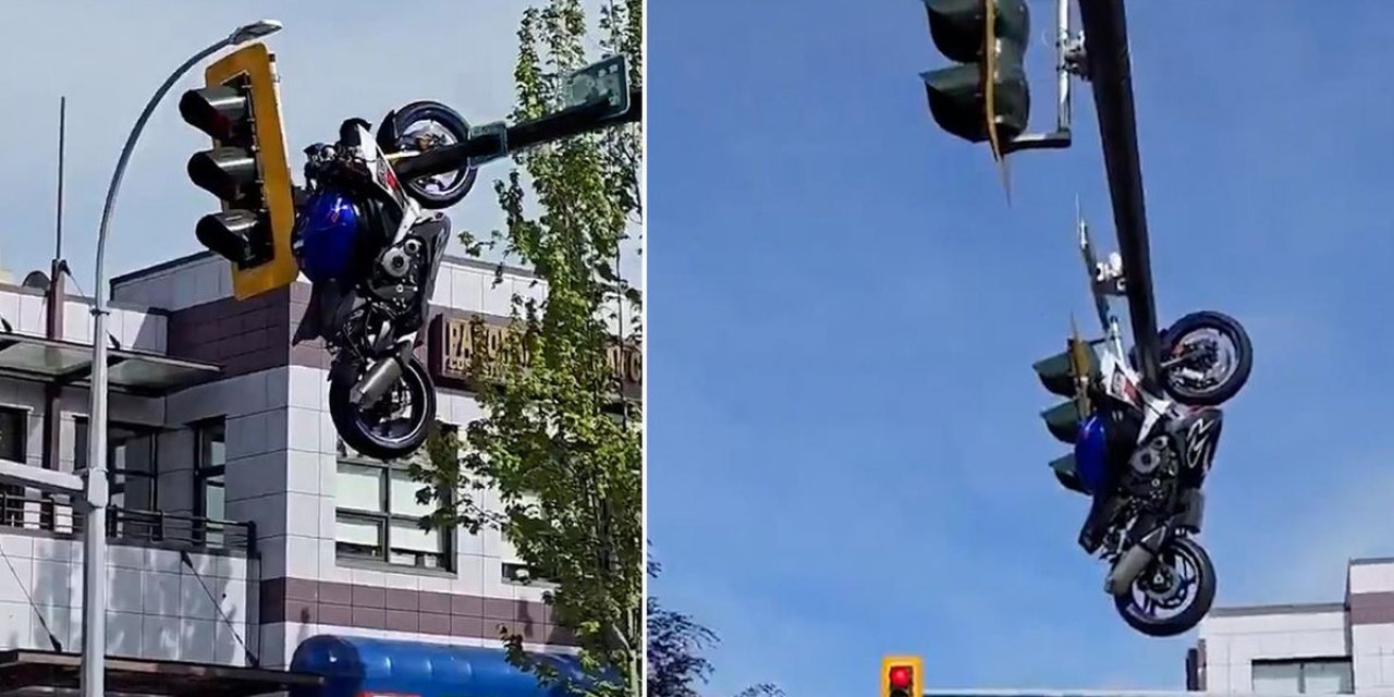 Benzeri Görülmemiş Kaza! Motosiklet Trafik Işıklarında Asılı Kaldı