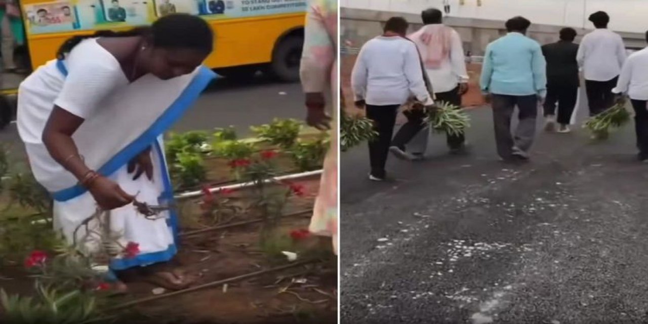 Havalimanı Açılışına Damga Vuran Görüntü! Çiçekleri Söküp Eve Götürdüler