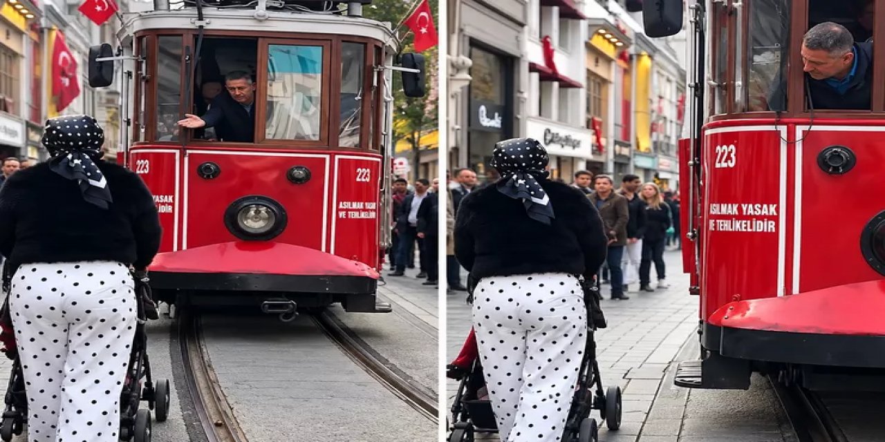 Taksim'de Akılalmaz Hareket! Tramvayın Üzerine Doğru Bebek Arabasını Sürdü