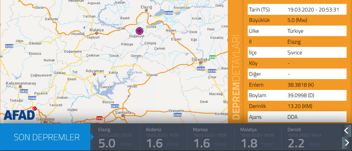 Elazığ'ın Sivrice ilçesinde 5.0 büyüklüğünde deprem