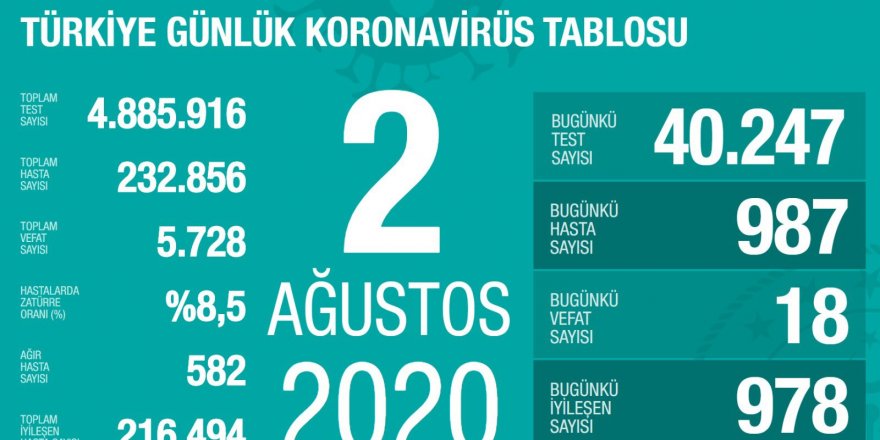 Türkiye'de son 24 saatte 987 kişiye Kovid-19 tanısı konuldu