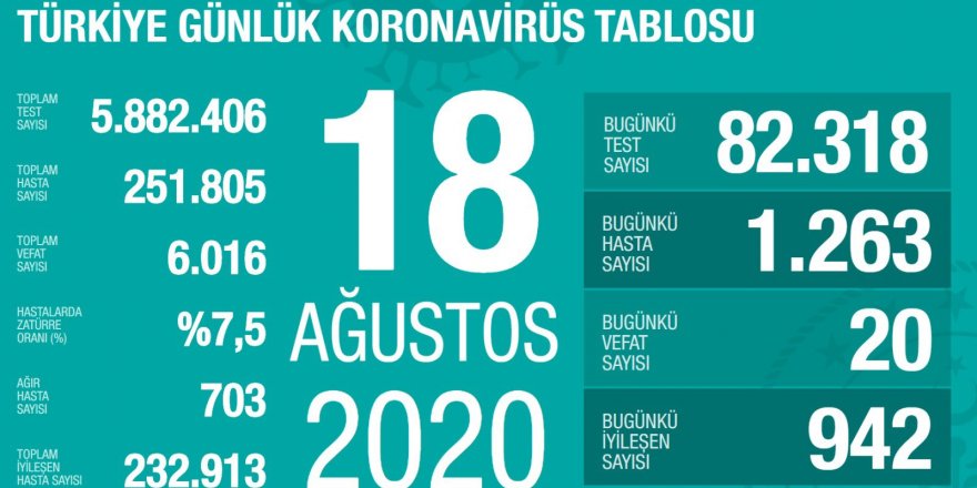 Türkiye'de koronavirüsten 20 can kaybı: Yeni vaka sayısı 1263