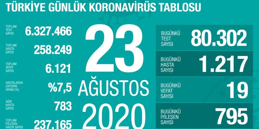 Türkiye'de son 24 saatte 1217 kişiye Kovid-19 tanısı konuldu