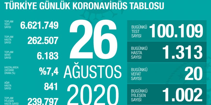 Türkiye'de son 24 saatte 1313 kişiye Kovid-19 tanısı konuldu