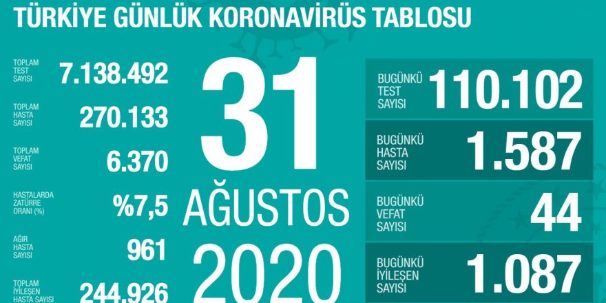 Türkiye'de son 24 saatte 1587 yeni koronavirüs vakası