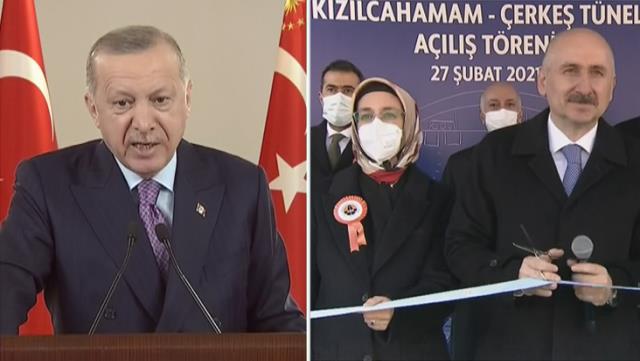 Cumhurbaşkanı Erdoğan, Kızılcahamam-Çerkeş Tüneli'nin açılışında iki eksik bulup Bakan'ı uyardı