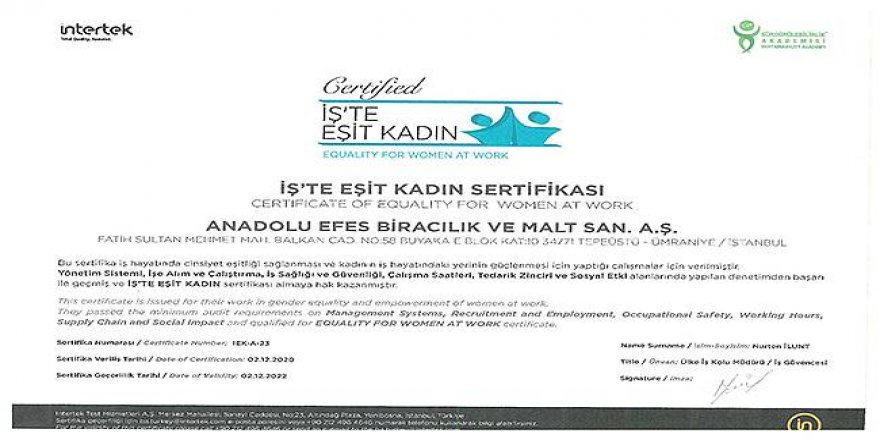 Anadolu Efes, FMCG sektöründe ‘İş’te Eşit Kadın’ sertifikası alan ilk şirket oldu