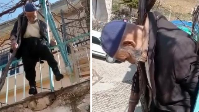 Yaşlı adam dalda asılı kaldı.