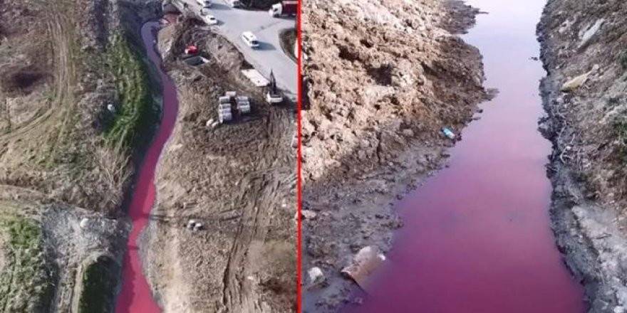 Fabrikaların olduğu alanda bulunan derenin rengi kırmızıya döndü