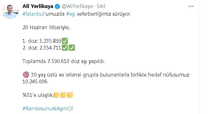 İstanbul Valisi Ali Yerlikaya:”20 Haziran itibariyle, toplamda 7.590.610 doz aşı yapıldı”
