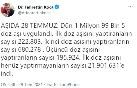 Sağlık Bakanı Fahrettin Koca aşılamaya ilişkin son verileri açıkladı