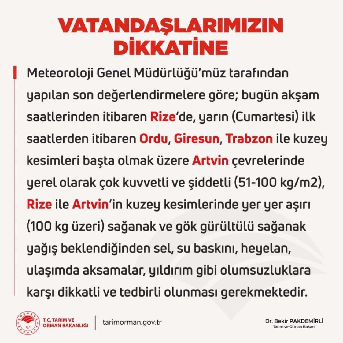 Tarım Ve Orman Bakanı Pakdemirli’den Şiddetli Yağışlara Karşı Uyarı