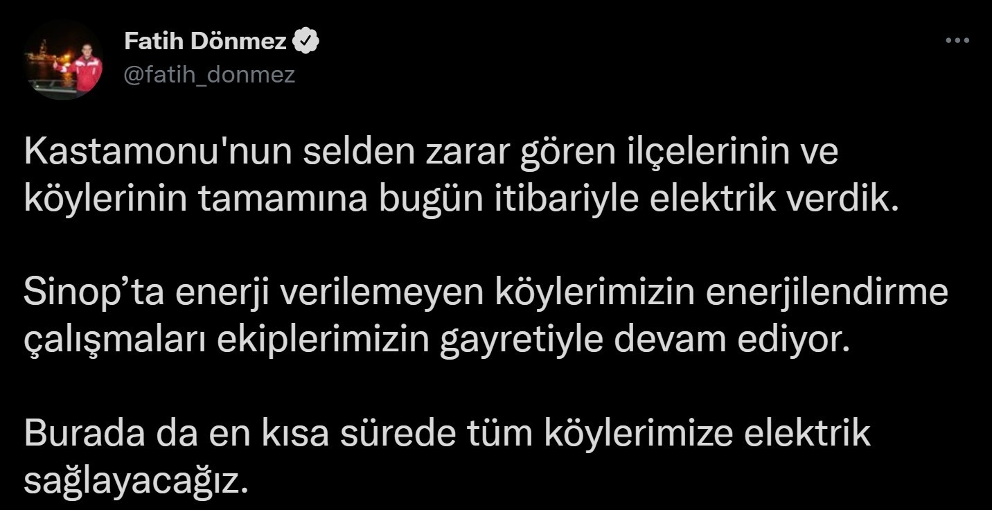 Bakan Dönmez, Kastamonu’da Selden Etkilenen İlçe Ve Köylerin Tamamına Elektrik Verildiğini Duyurdu