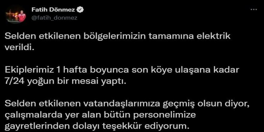 Dönmez, Selden Etkilenen Bölgelerin Tamamına Elektrik Verildiğini Duyurdu