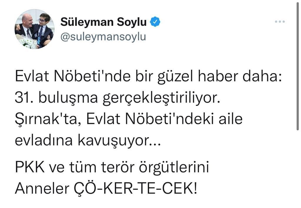 Bakan Soylu: “Şırnak’ta evlat nöbetindeki aile evladına kavuşuyor”