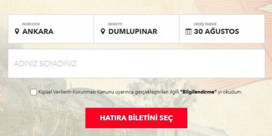 TCDD 30 Ağustos 'Ben de Zafer Treni'ndeyim' bileti alma ekranı