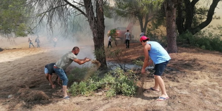 Vatandaşlar ellerinde dallar ve yerden topladıkları kumlarla yangına müdahale etti