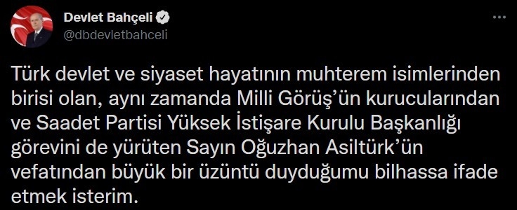 Bahçeli: “Milli Görüş’ün Kurucularından Oğuzhan Asiltürk’e Allah’tan Rahmetler Niyaz Ediyorum”
