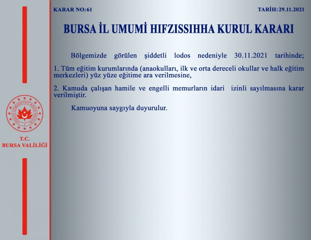Bursa’da eğitime 1 gün ara